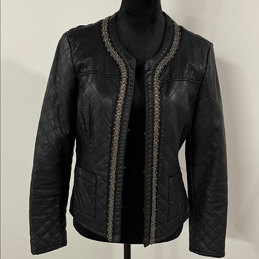 Black Quilted faux leather Jacket with Silver embellished Trim
